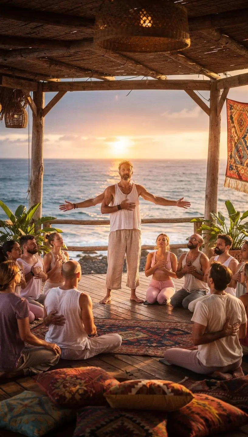 Grupo de personas realizando ejercicios de pranayama en un estudio iluminado y acogedor.