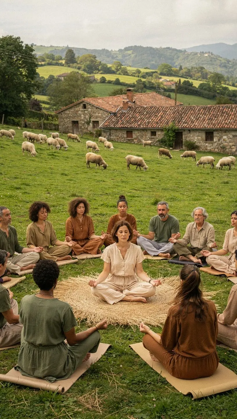 Grupo de personas realizando ejercicios de pranayama en un estudio iluminado y acogedor.