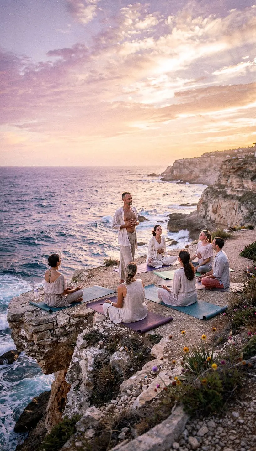 Grupo de personas realizando ejercicios de pranayama en un estudio iluminado y acogedor.