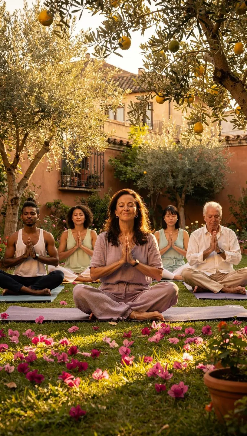 Practicante de yoga en una postura de meditación, respirando profundamente en un entorno sereno.